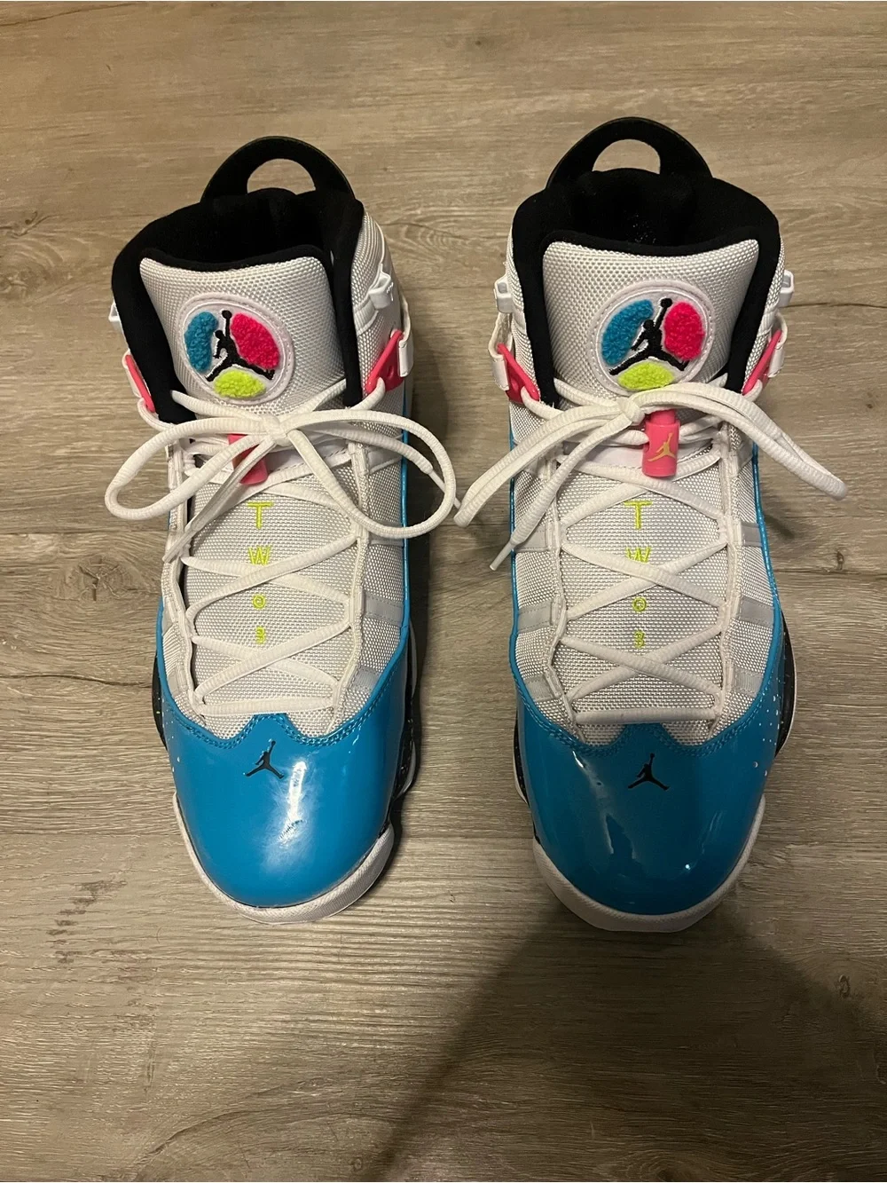 Jordan 6 Rings Blue Fury Cyber Pink Mid Top Basketball Sneakers White Blue Pink